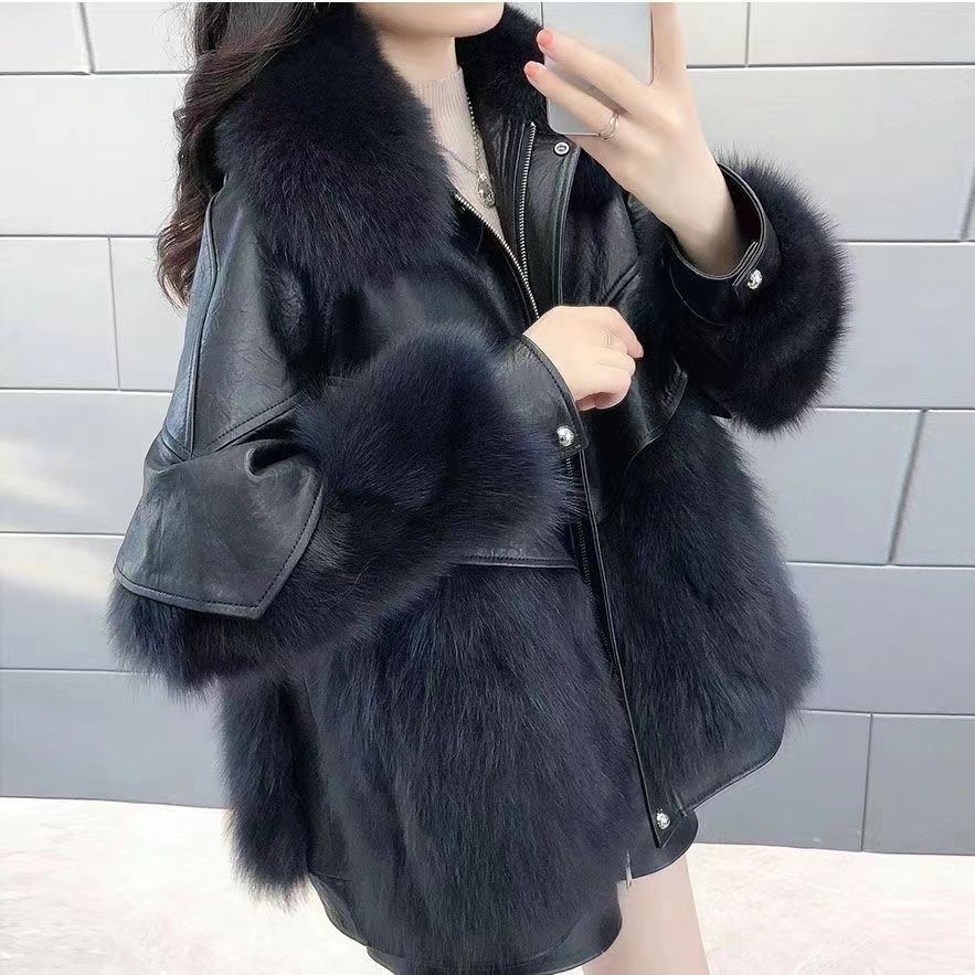 Imitation fur autumn and winter new casual temperament PU leather imitation fox hair medium and long thickened down cotton clothes