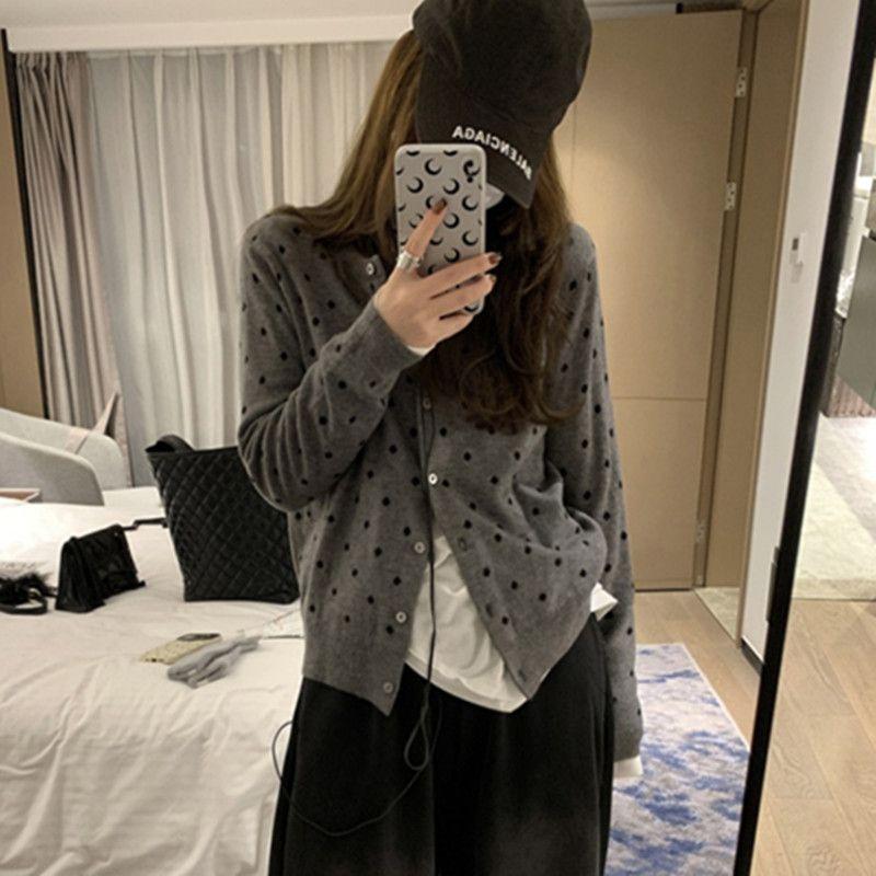 Spring and Autumn Polka Dot Knitted Cardigan Ins Women's Layered Design Sense Versatile Slimming Long Sleeved Top