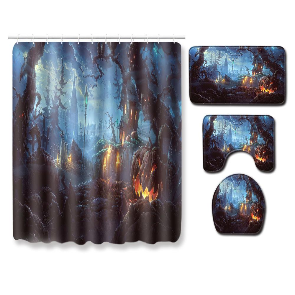 Halloween Series Bathroom Shower Curtain Floor Mat Toilet Cover Foot Mat Four-Piece Pattern Size