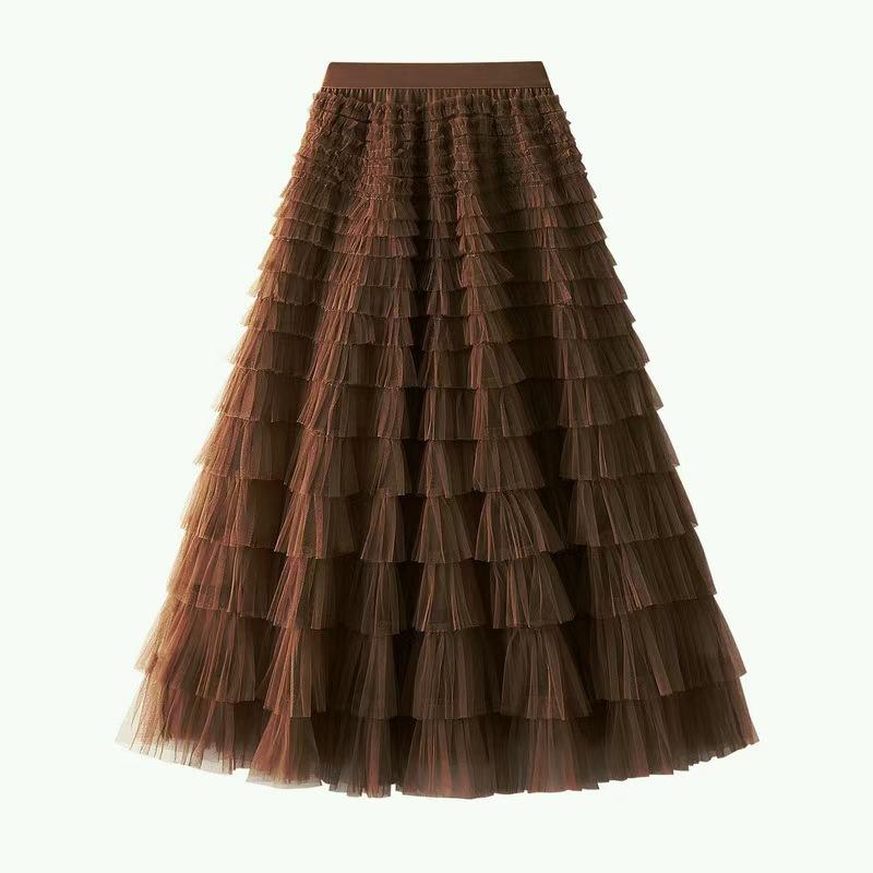 Women's Sweet Black White Tutu Skirts Tulle Cake Long Skirt Women Spring Summer Ruffle Pleated A-Line Chic Skirt