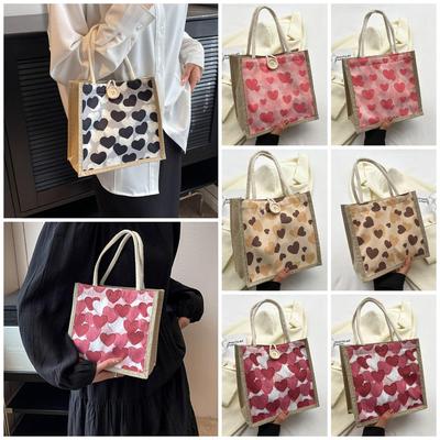 Heart Pattern Handbag Linen Button Zipper Grocery Bag Casual Portable Shopping Bag Simple Shoulder Bag Women