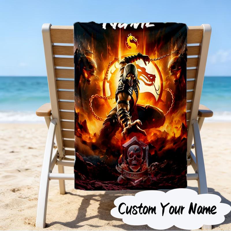 Custom Name Thunderous Warrior's Kombat Microfiber Beach Towel Super Soft & Absorbent for Bath, Beach, Travel Bath Time Accessory, Fan Gifts