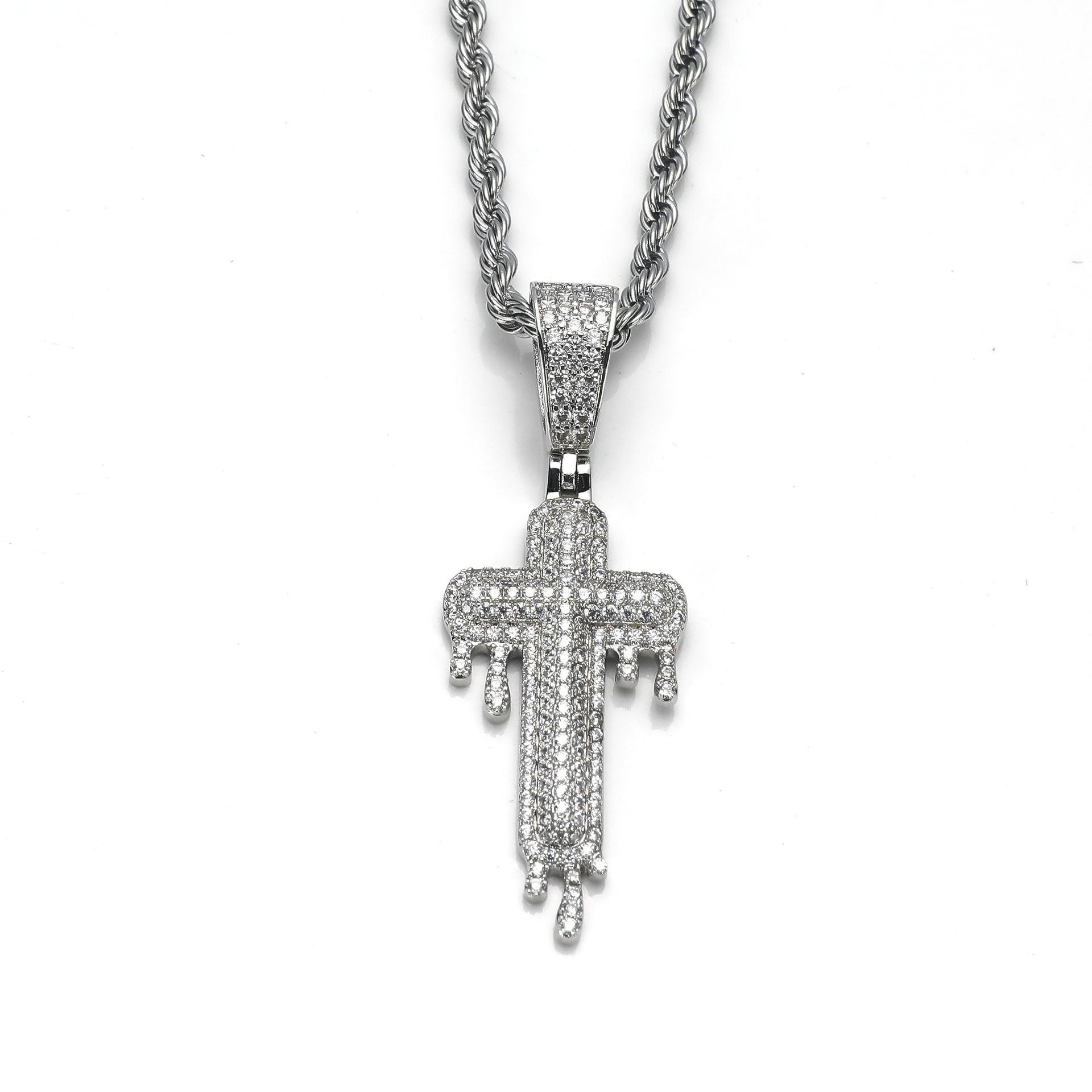 Three Rows Cross Pendant Necklace Iced Out Moissanite Hip Hop Copper Jewelry For Men Women 1.1mm белый