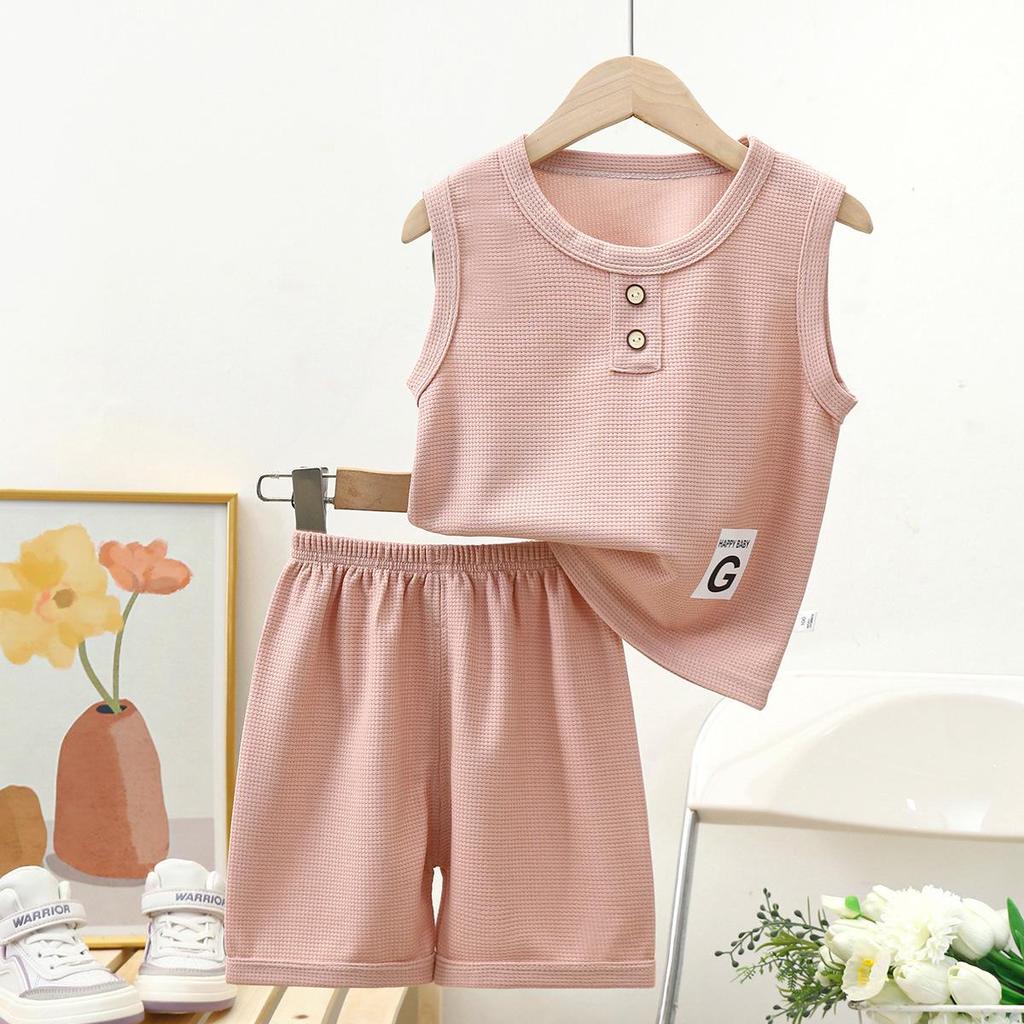 Trendy Waffle Two-Piece Summer Vest Set for Kids: Short-Sleeved Outfit