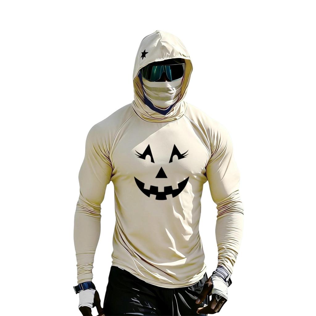 Men's Long Sleeve Hooded Sun Top with Color Block Raglan Sleeves Halloween Print