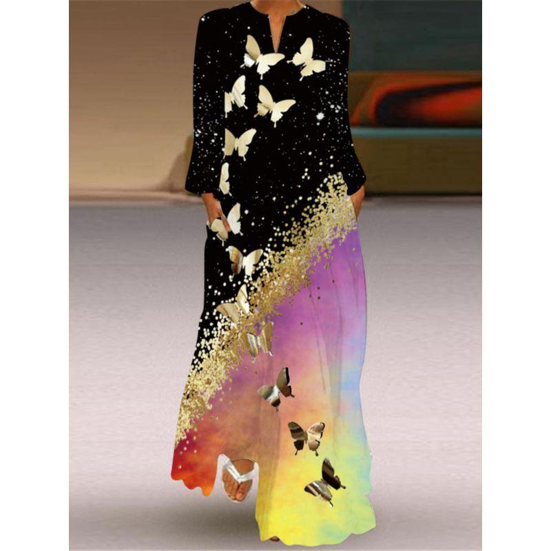 Fashion Style Spring and Summer Fashion New Women's Retro Butterfly Print Long Dress Export V Neck Long Sleeves Pocket Dress