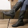 Herbst Winter Übergröße Damen PU Nieten Gürtelschnalle Martin Stiefel Bequem Warm Scharf Spitz Quaste Mid-Calf Stiefel Schuhe 36-42