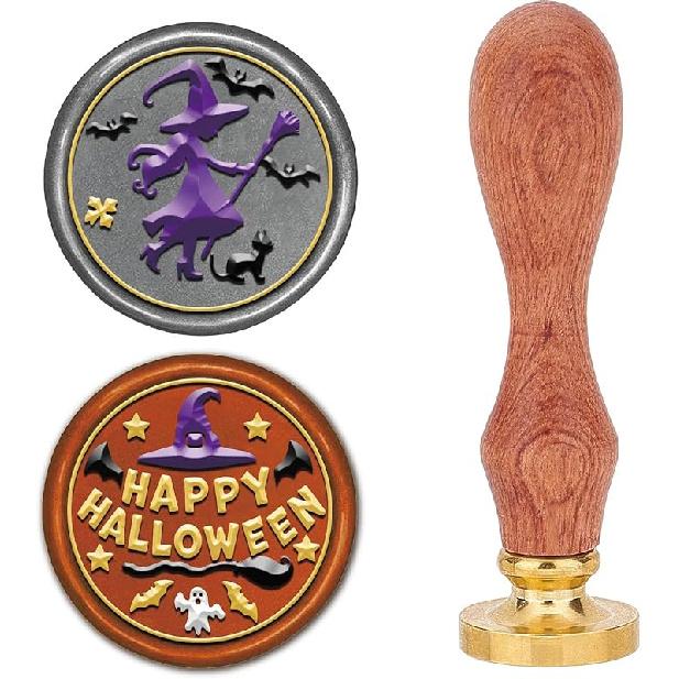 CRASPIRE 2 Style Happy Halloween Wax Seal Stamp Set Brass Sealing Stamp Heads + 1pc Wood Handle Removable Witch Hat Bat Ghost Kit for Decorating
