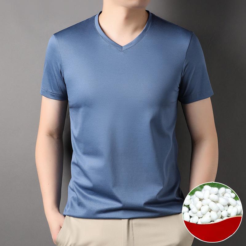 

Футболка с короткими рукавами, мужская летняя, новая, с V-образным вырезом, однотонная, универсальная, деловая, модная, шелковая, тонкая, с короткими рукавами, рубашка для молодежи и людей среднего возраста XXXL