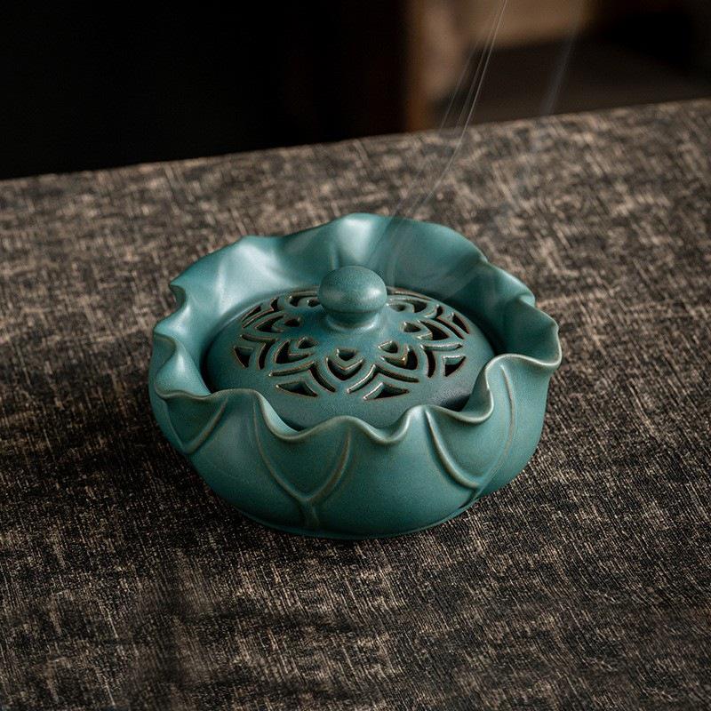 Zen Lotus Ceramic Incense Burner - Antique Sandalwood Coil for Indoor Use