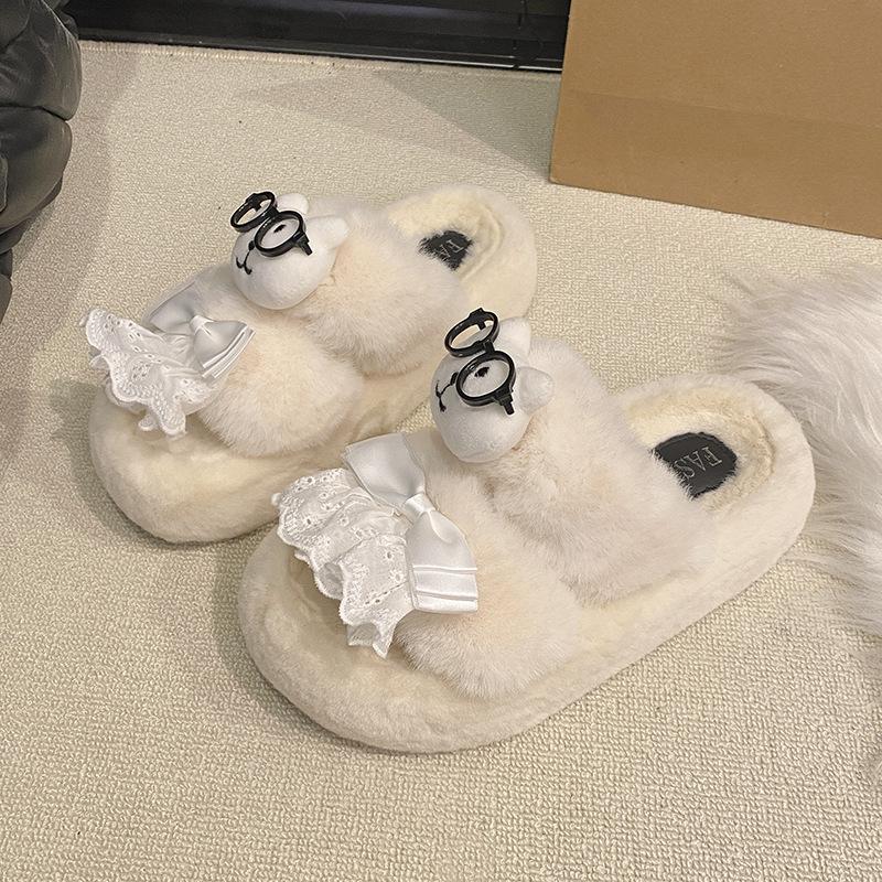 2025 New Cute Cartoon Bear Fluffy Slippers for Women's Autumn and Winter Indoor and Outdoor Wear Non-slip Thick-bottomed Cotton Slippers for Women