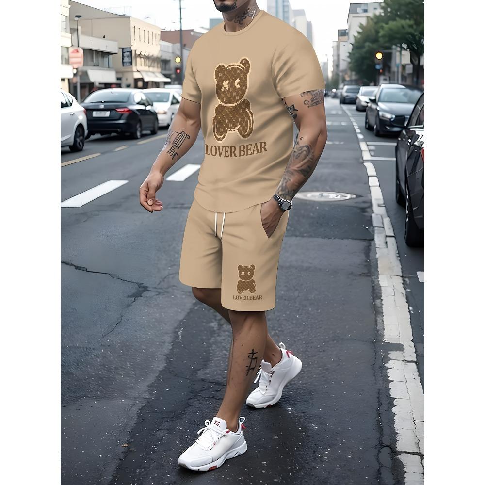 

Summer Men s Fashion Bear Printed Soft and Breathable Round Neck T-shirt Shorts Set Outdoor Casual Two Piece Set 6XL
