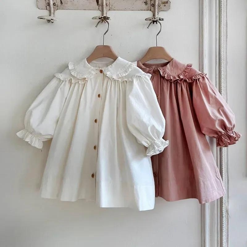 Spring Children Long Sleeve Casual Dress Girls Cute Loose Puff Sleeve Dress Toddler Cardigan Dress Kids Clothes