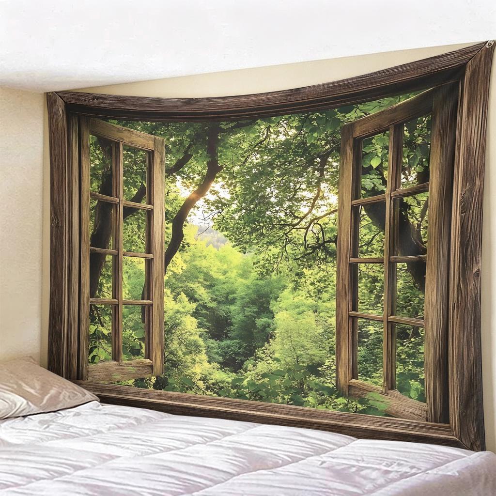 Window View Tapestry Wall Hanging, Scenic Nature Landscape Backdrop, Artificial Window Wall Decor for Bedroom Living Room