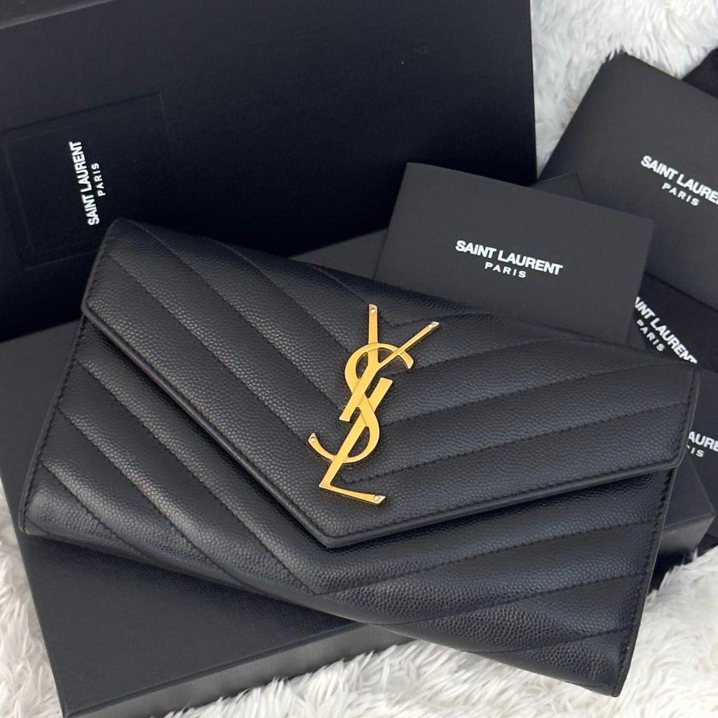 Used SAINT LAURENT Saint Laurent Large Flap Long Wallet Cassandra Black Black V Stitch