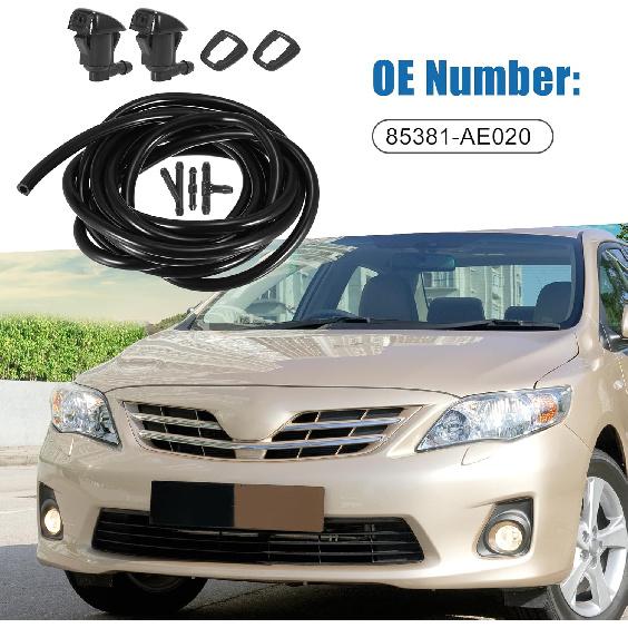 Windshield Washer Nozzle Kit 85381-AE020 250cm Washer Hose and Adapter Wiper Wash Spray Jet for Toyota Corolla 2004-2010 Plastic (Set of 6)