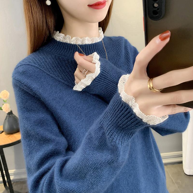 Winter Sweater Women Half High Collar Pullovers Thickened Bottom Sweater Lace Splice Overlay Tops Sweater