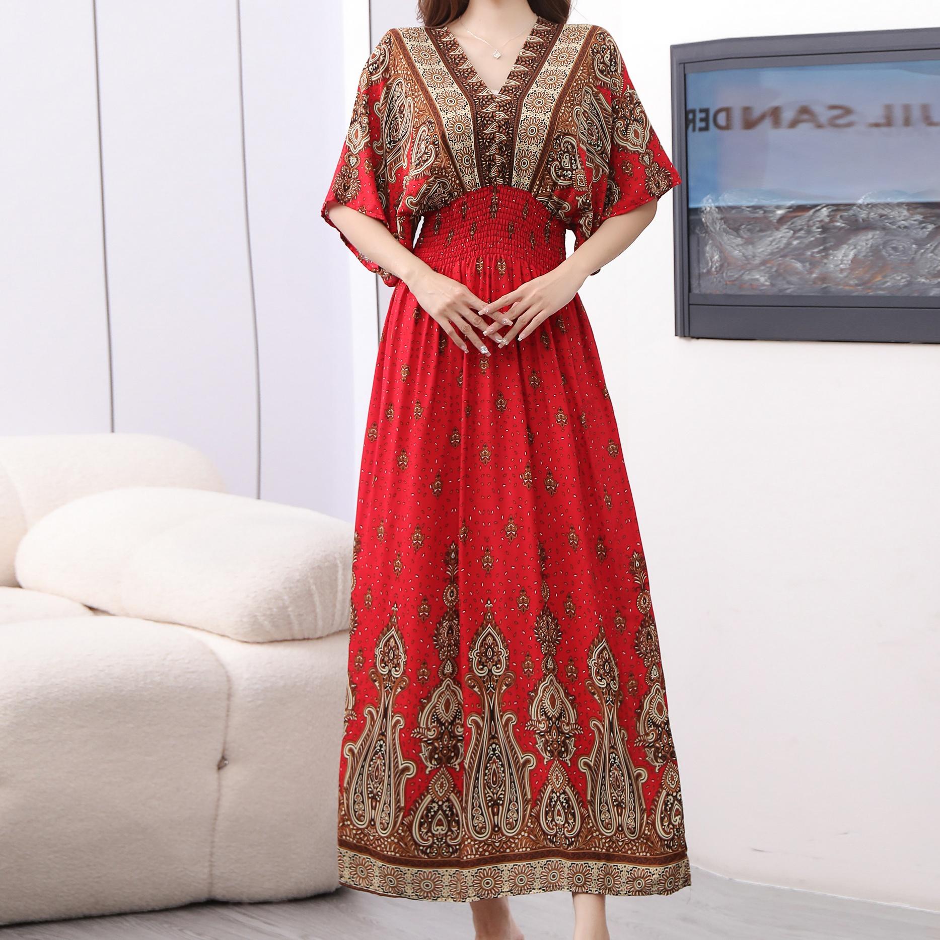 

Повседневное и элегантное ретро богемное летнее платье в национальном стиле с v-образным вырезом и эластичным поясом на талии, женское летнее платье с большим принтом L