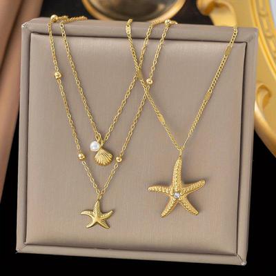 Vintage Exquisite Minimalistische Seestern Muschel Anhänger Halskette für Damen Mode Vielseitig Sommer Strandparty Zirkon Geschenk
