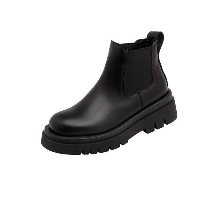 Autumn and winter round head solid color large size medium boots medium heel thick-soled leather boots sleeve non-slip women's boots new Martin boots