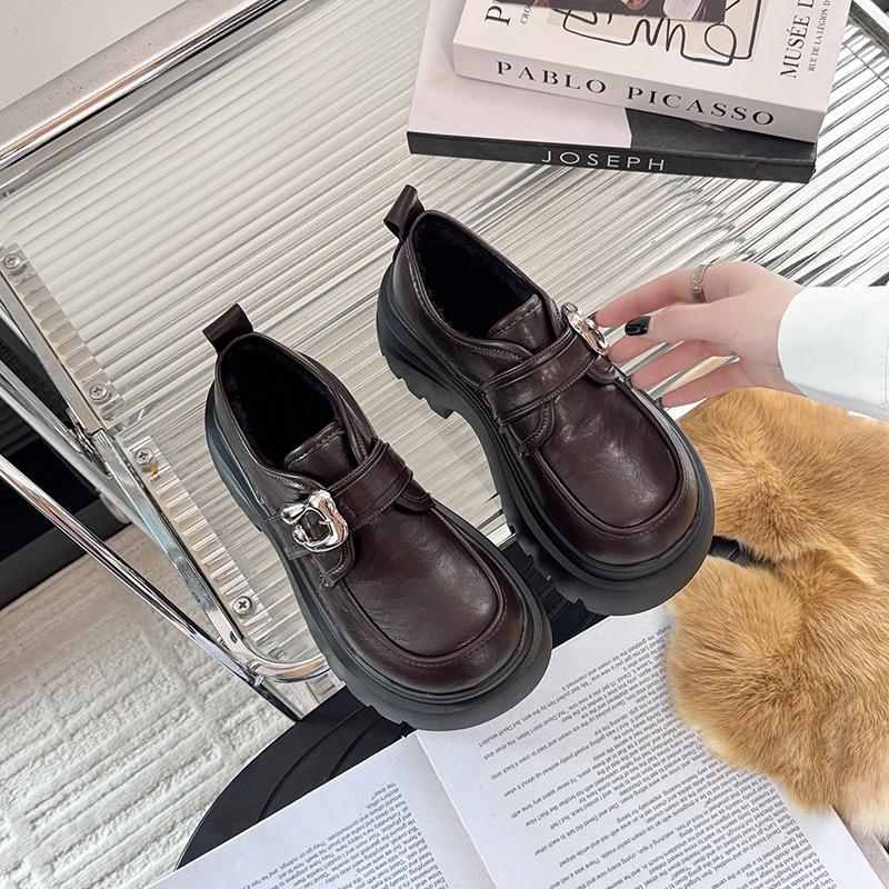 

Ретро британский стиль маленькие кожаные туфли женские толстый каблук высокий каблук одинарные туфли 2025 новинка платформа на одной педали лоферы Мэри Джейн 40 коричневый