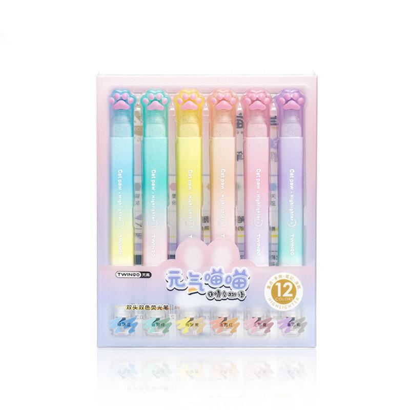 

6pcs/box Cats Paw Highlighter Double-ended Two-color Gradient Ins High-Value Handbook Marker Pen Student Supplies