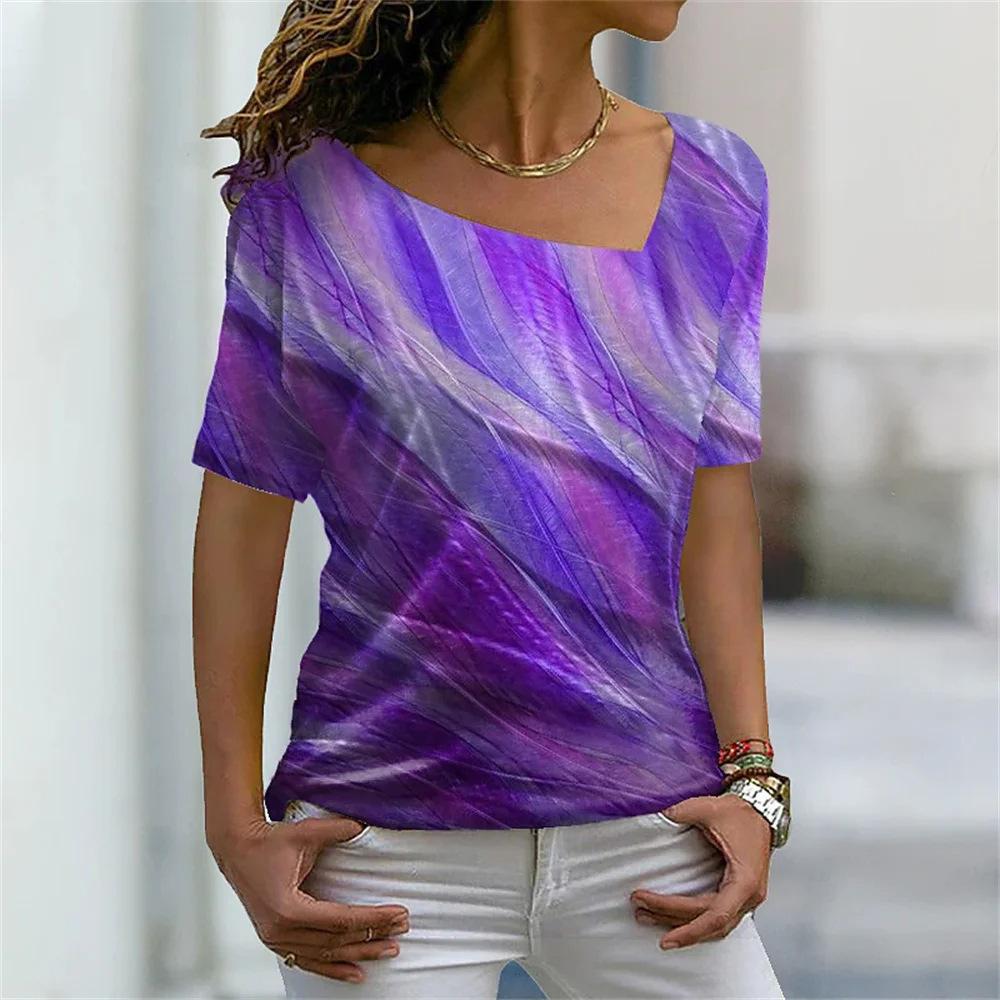 Women's Short Sleeved T-shirt with Slanted Neckline Pattern and Digital 3D Printed Women's T-shirts