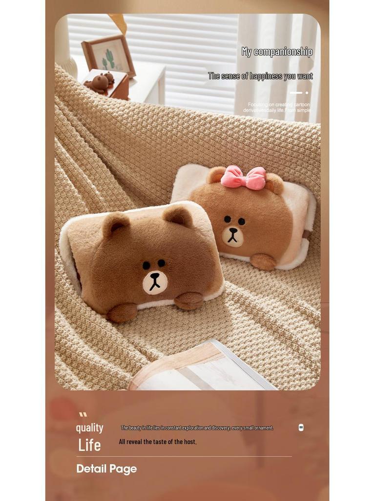 Wiederaufladbares Plüschkissen mit Braunbär-Motiv und Wärmflasche – Niedlicher Bettwärmer für Baby und Mädchen