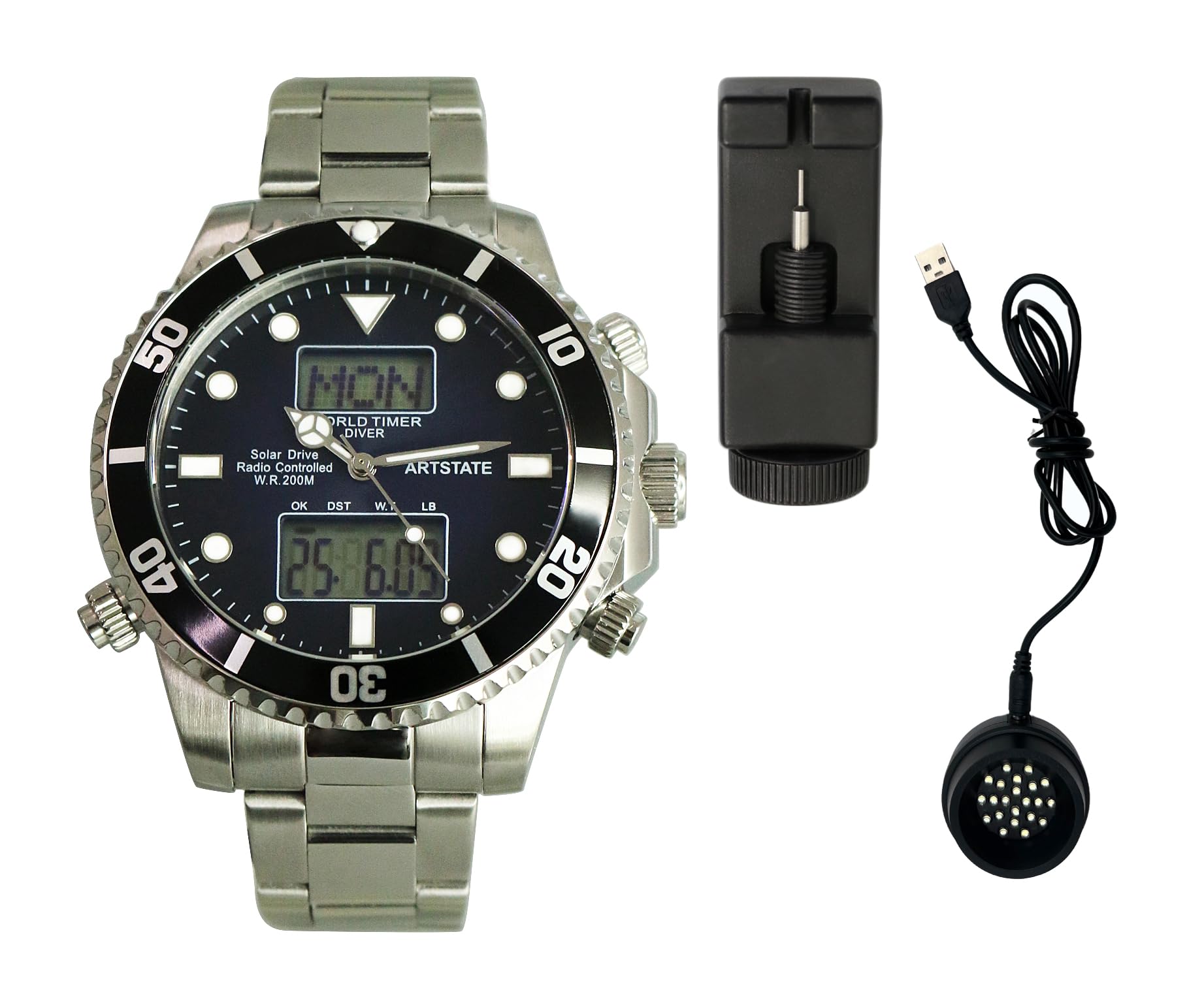 

Солнечные Дата и День Мировое USB Зарядное устройство Водонепроницаемость 20 АТМ [ARTSTATE AS3210] Мужские Радиоуправляемые Часы, Дисплей, Время, В комплекте, (Серебряный)