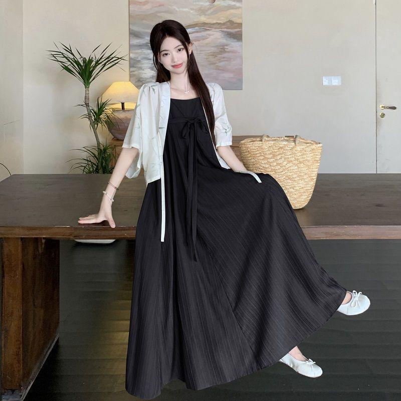 Plus Size Women's Chinese Style Waist-Cinching Camisole Dress & Fairy Cardigan Set