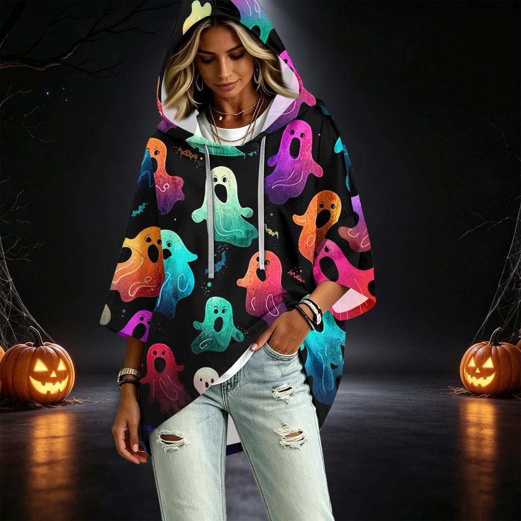 Women's Pullover Hooded Top with Three-Quarter Sleeves and Halloween Print for Costume Party