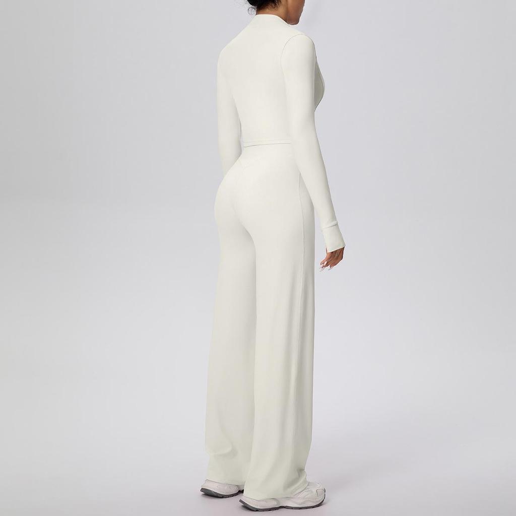 New Cross-border Solid Color Zip Jacket & Wide Leg Yoga Suit - Two-piece Fitness Set