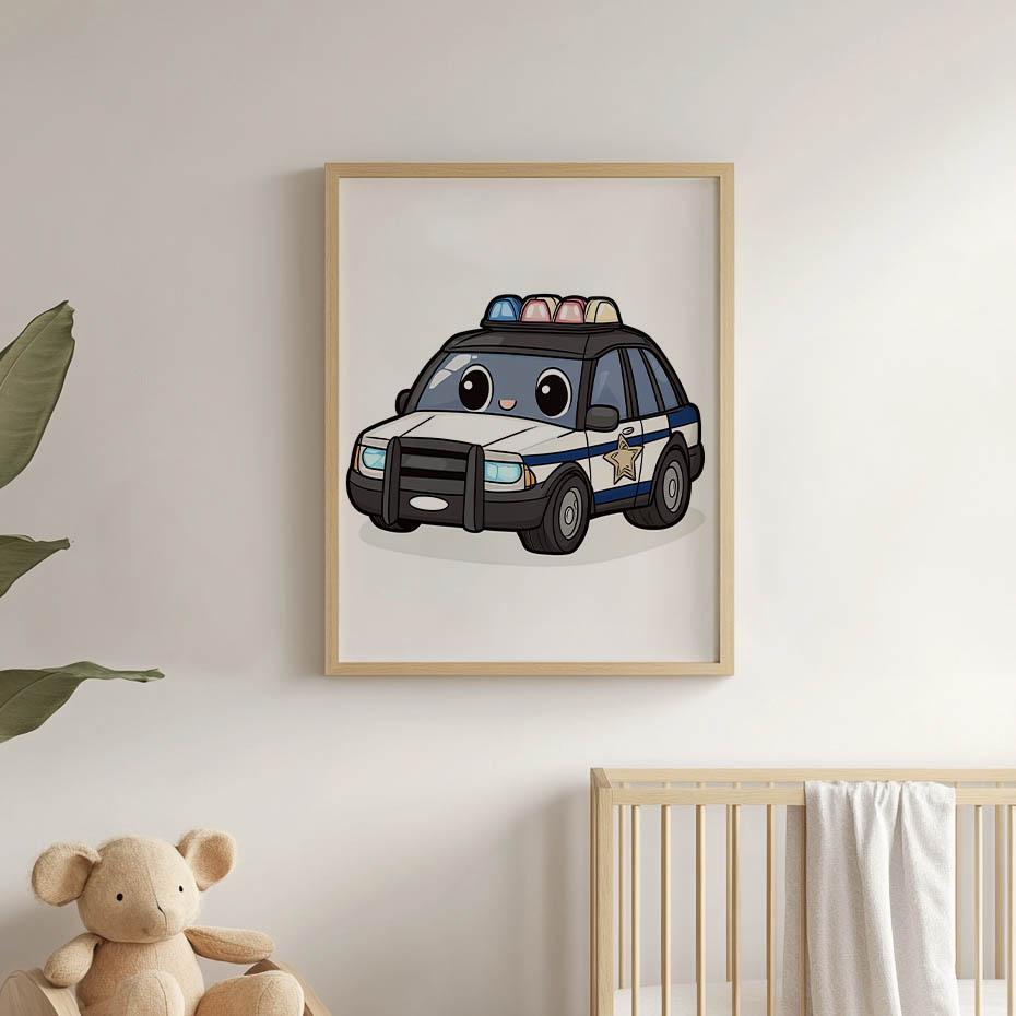 Police Car Poster Police Car Poster, 30X40 Cm, White Wooden Frame, 230 Gsm Matte Paper