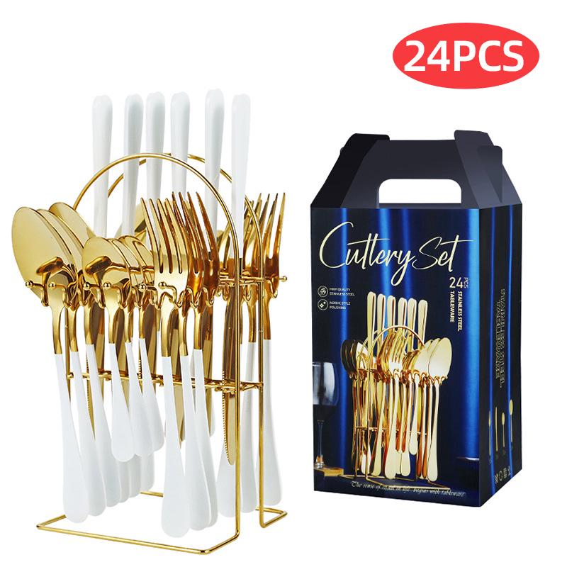 

Набор столовых приборов из нержавеющей стали из 24 предметов: В комплект входят десертные/стейковые ножи, вилки, ложки и вешалка.