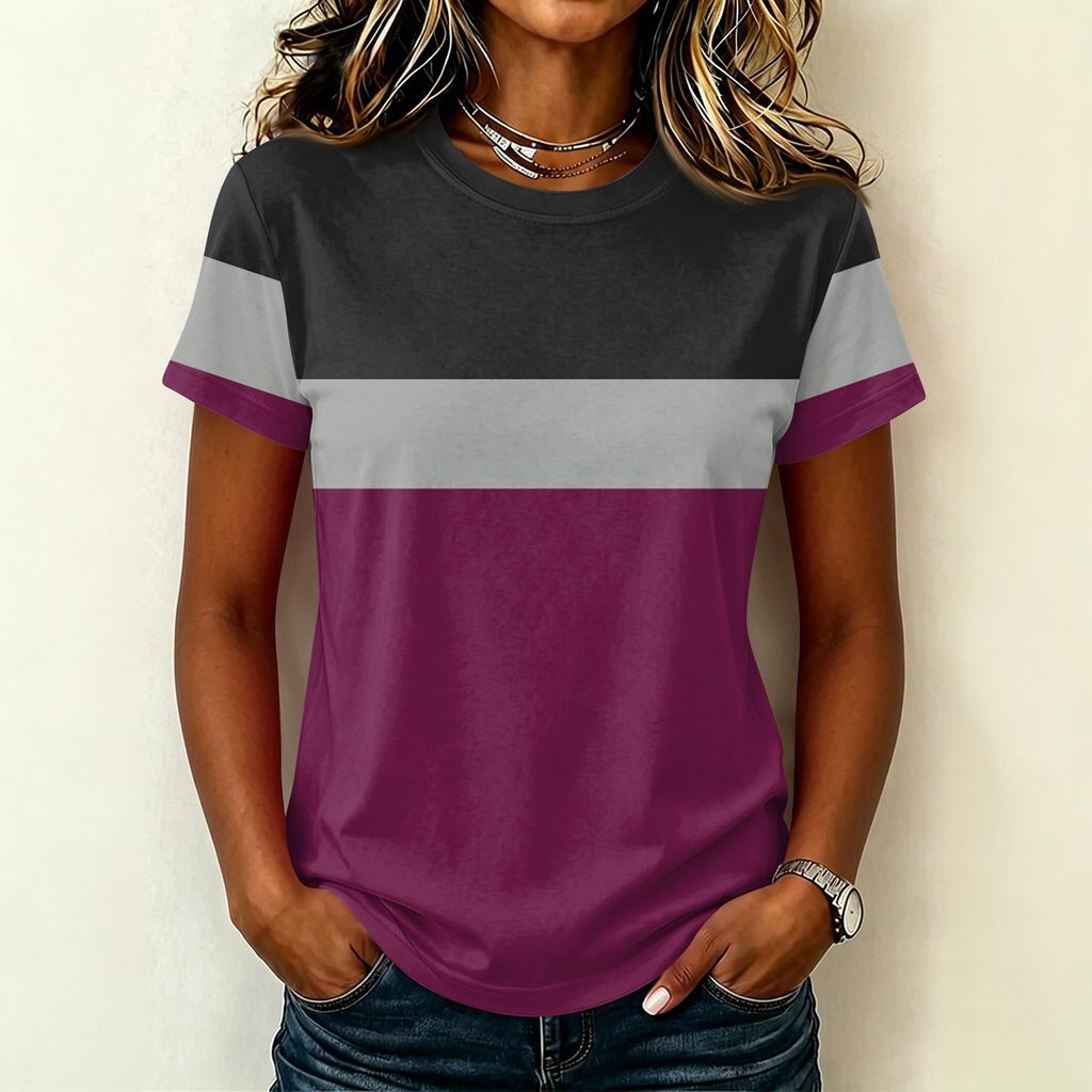 Dames Casual Pullover Korte Mouw T-shirt Kleurblok Bedrukt Top Ronde Hals Lichtgewicht Zachte Stof