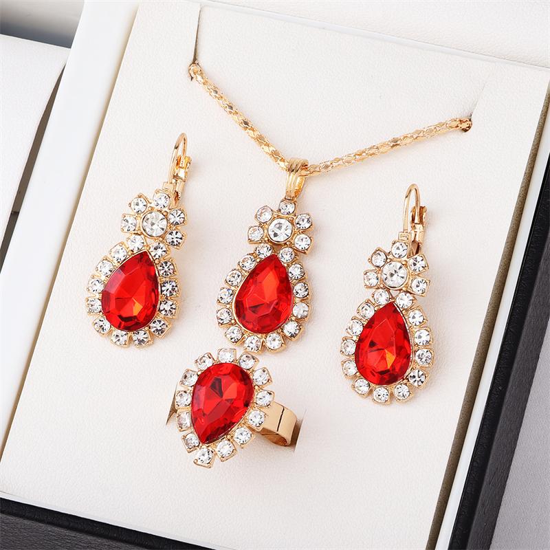 Red Rhinestone Waterdrop Jewelry Set for Women Classic Fashion Earrings Necklace Ring Crystal Bridal Birthday Girl Gift Wedding