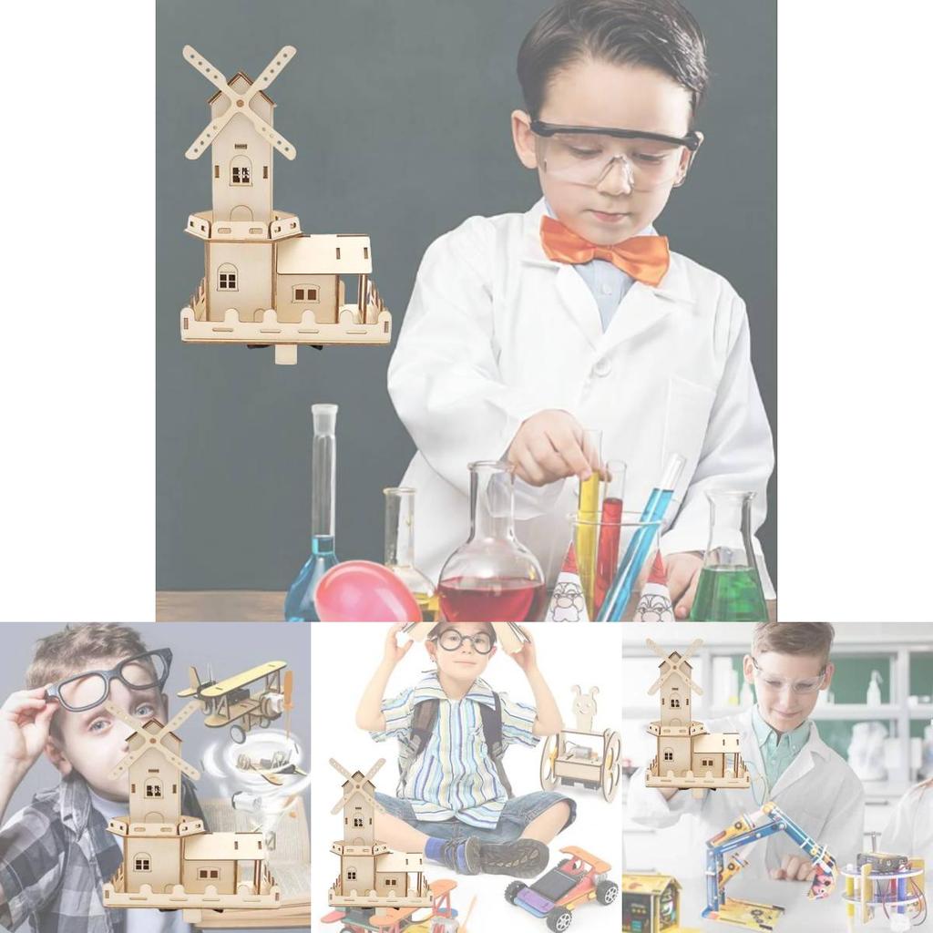 Children's Wooden Diy Dutch Windmill Science Toy Electric Light House Educational Model