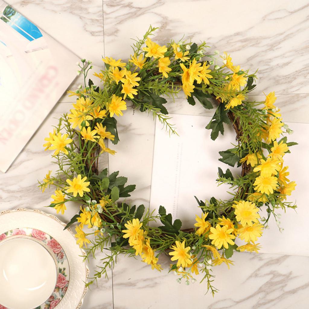 Artificial Daisy Wreath 35cm Diameter Faux Flower Wreath Spring Home Decoration for Door Wall Yellow