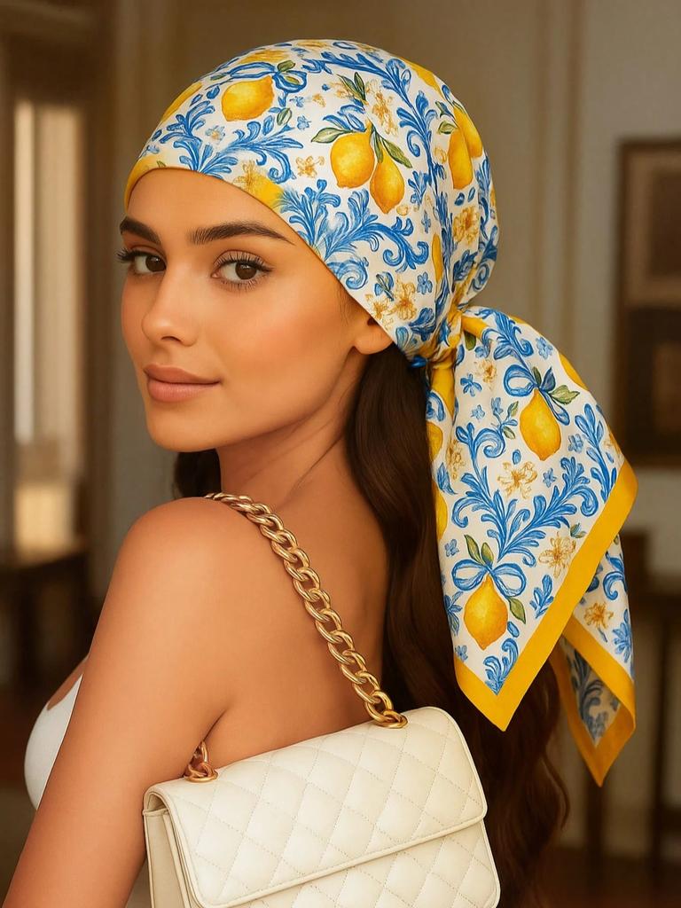 Summer Beach Yellow Lemon Print Silk Hijab Scarf Women Neck Ties Sunscreen Decorate Neckerchief 70*70Cm Square Scarves