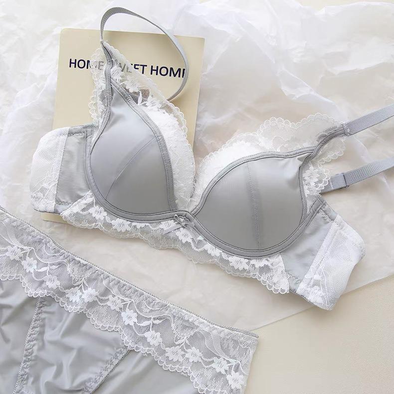 French Lace Satin Lingerie Set: Push-Up, Wire-Free, Anti-Sagging Bra for Small Busts