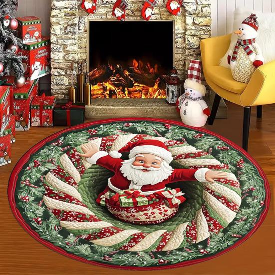 Christmas 3D Rug Optical Illusion Santa Claus Round Floor Mat Non-Slip Xmas