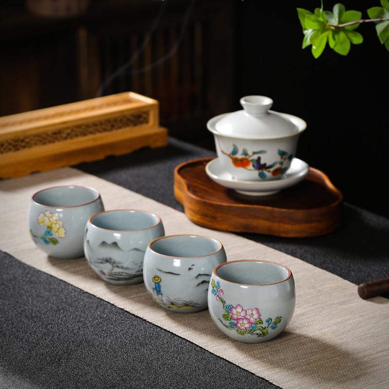 Boutique Ru Kiln Ceramic Teacup Hand Painted Flowers Meditation Cup Travel Tea Bowl Tie Guanyin Pu'er Master Cup Tea set Gifts