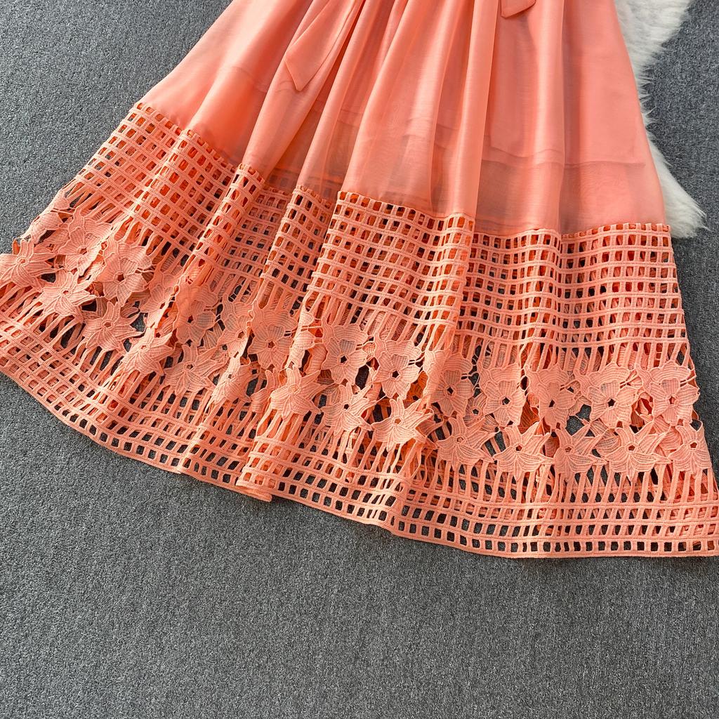 Summer Hollow Out Beaded Loose Chiffon Beach Dress Shirt Women's Puff Sleeve Lace Up Belt Holiday Party Long Robes Maxi Dress