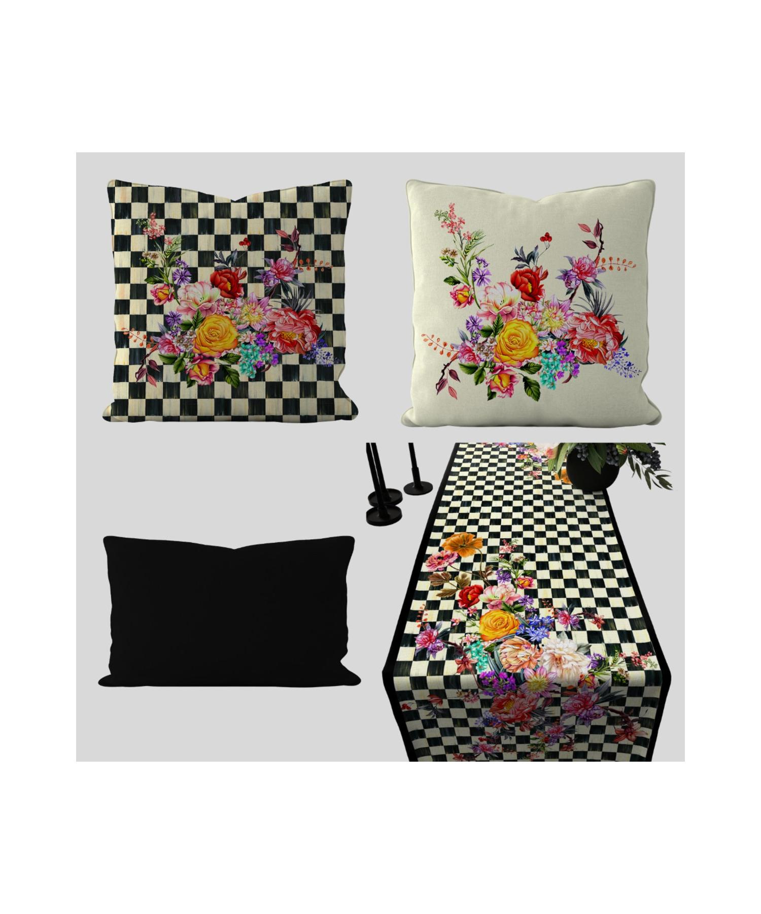 

Черно-белый клетчатый узор, винтажные цветы, дорожка и комплект чехлов на подушку