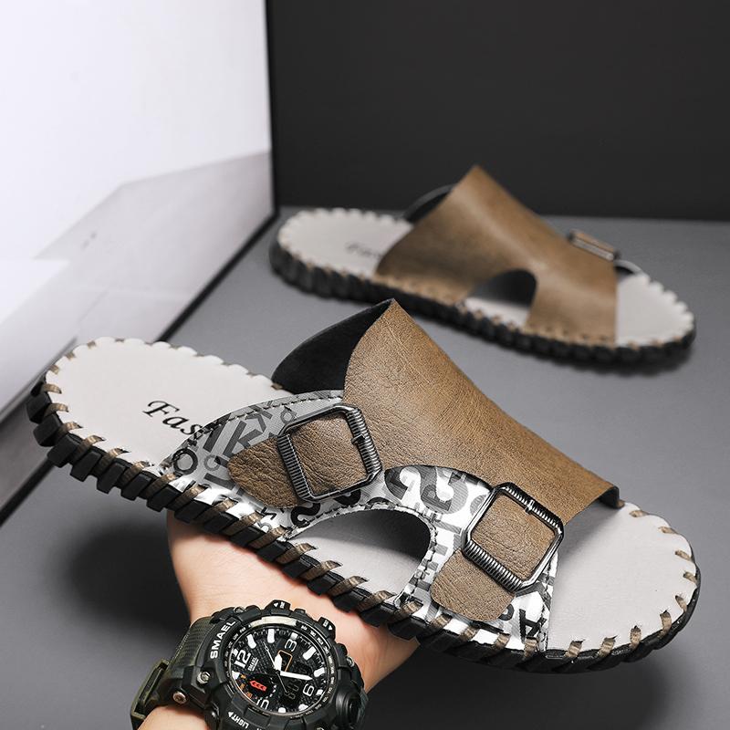 Fashion Men's Leather Personalized Double Buckle Slippers Fashion Luxury Brand Outdoor Sandals Handmade Designer Casual Shoes Walking