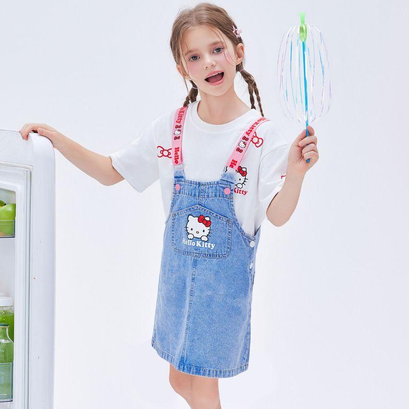 Hello Kitty Girls Summer Suit 2025 New Children s Short-Sleeved T-Shirt Girls Denim Vest Two-Piece Set Trendy White 160