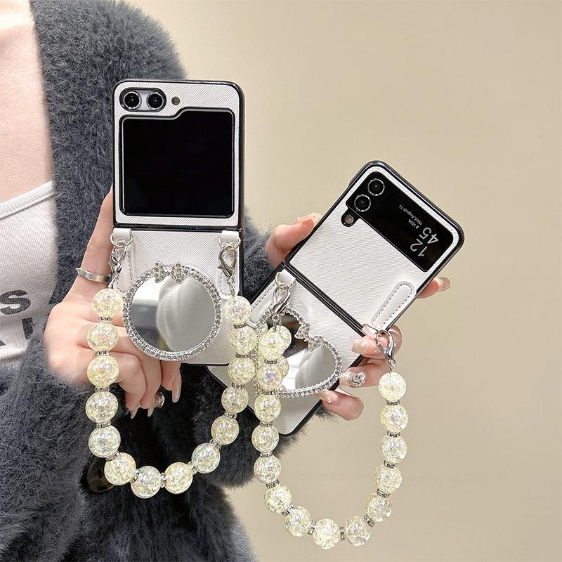 Mirror Airbag Holder Phone Case for Samsung Zflip 7 Flip Folding Screen Bead Chain Handheld Xflip