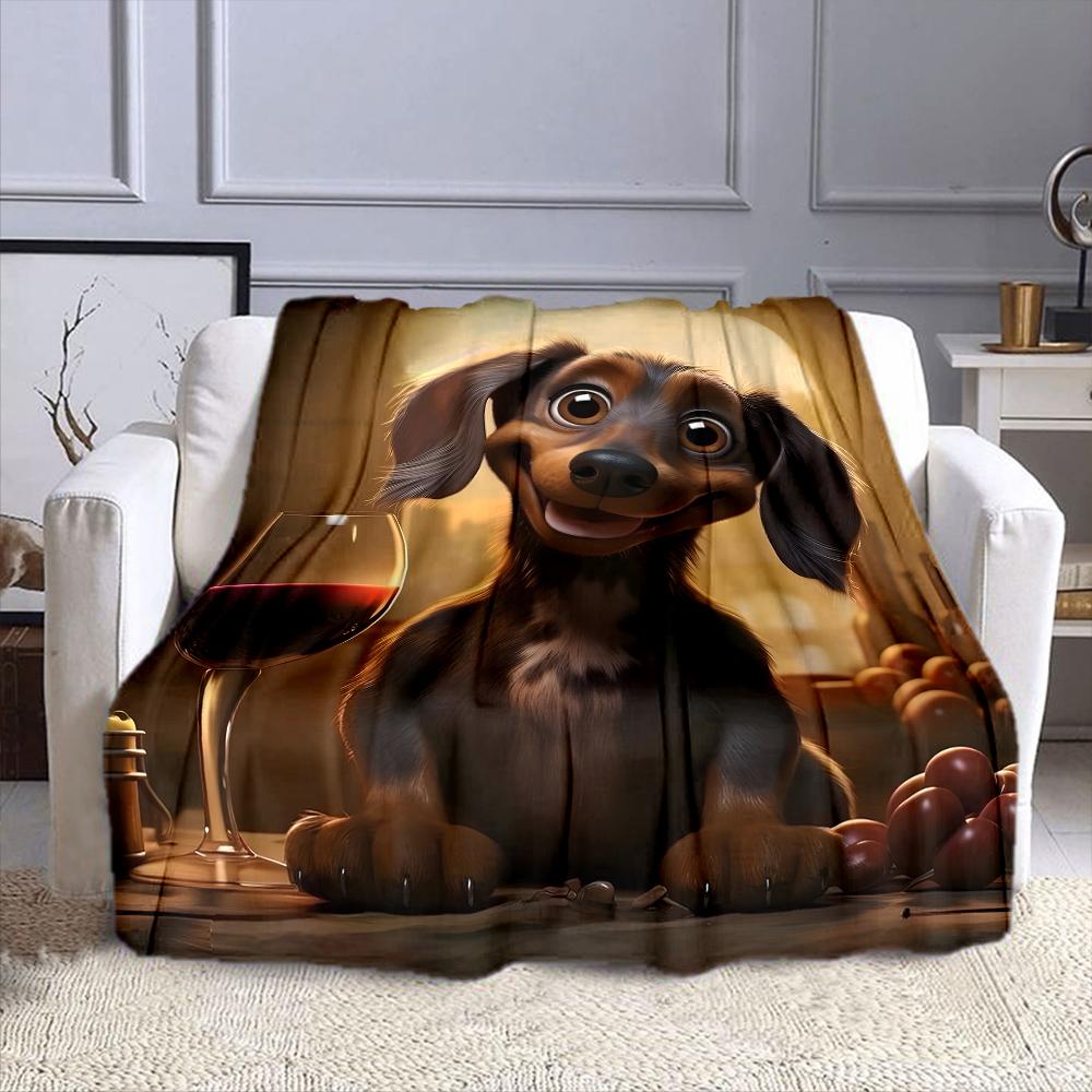Cute Dog with Wine and Grapes Scene Patterned flannel blanket perfect for the bedroom living room, sofa, or a little nap