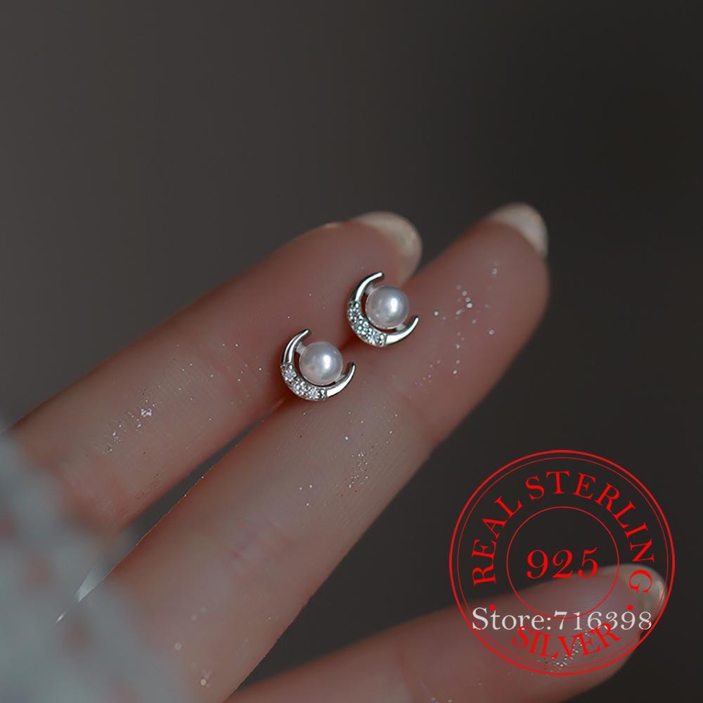 925 Sterling Silver Crytal Moon Pearl Stud Earrings For Woman Christmas Gifts Piercing Jewelry Aretes De Mujer Party Gift