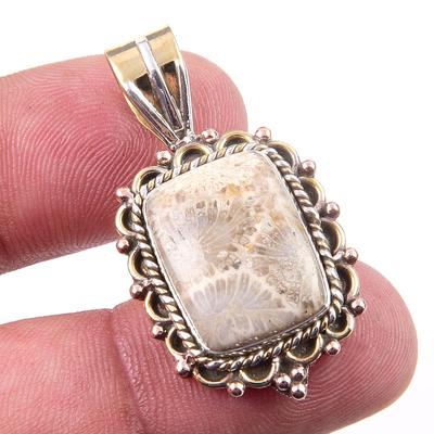 Natural Fossil Coral 925 Solid Sterling Silver TwoTone Gift Pendant 1.50" C9h72